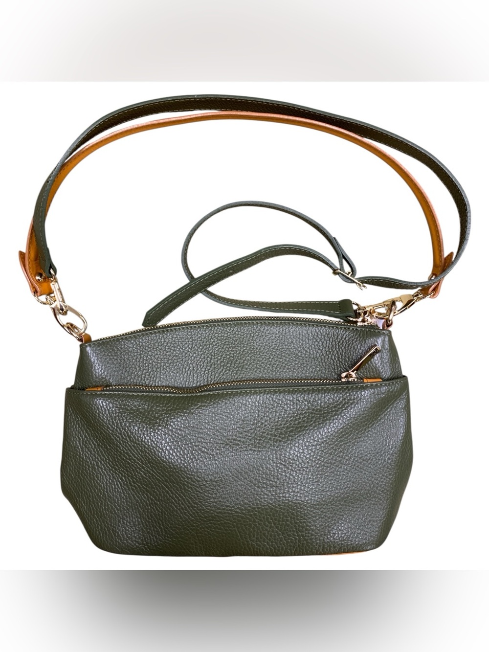 Olive Green Pebbled Leather Crossbody Bag with Adjustable Strap